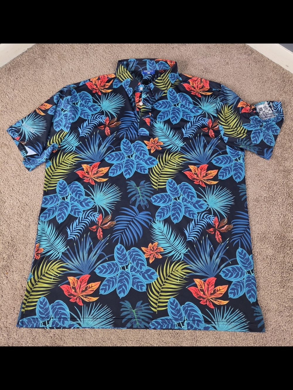 Men's Navy Tropical Floral Polo Shirt - Blue & Red